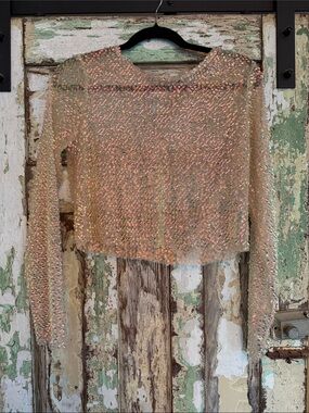 Zara Iridescent Sequin Sheer Cropped Sweater in Pink and Cream